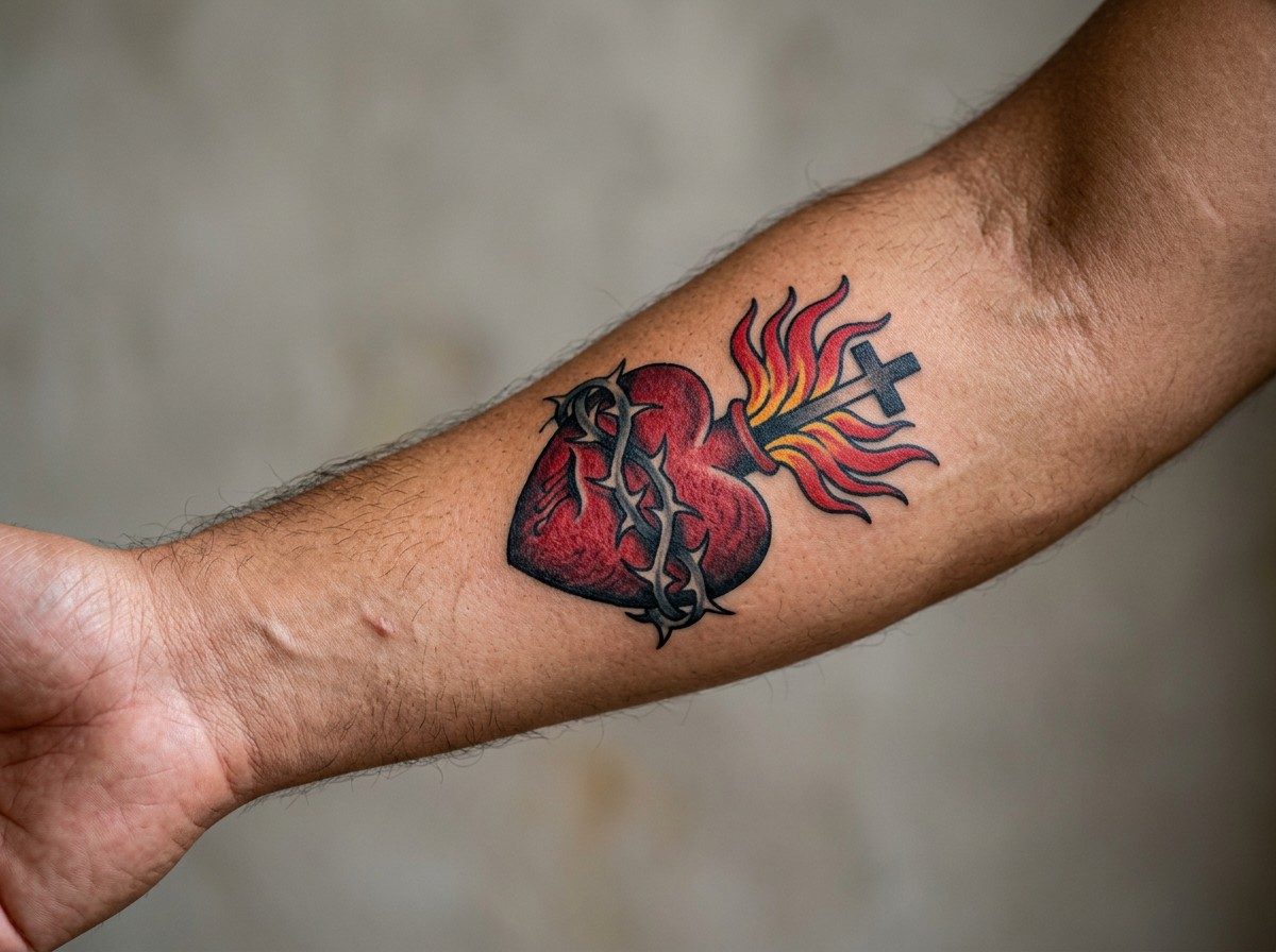 Heart tattoo: sacred heart on the outer forearm