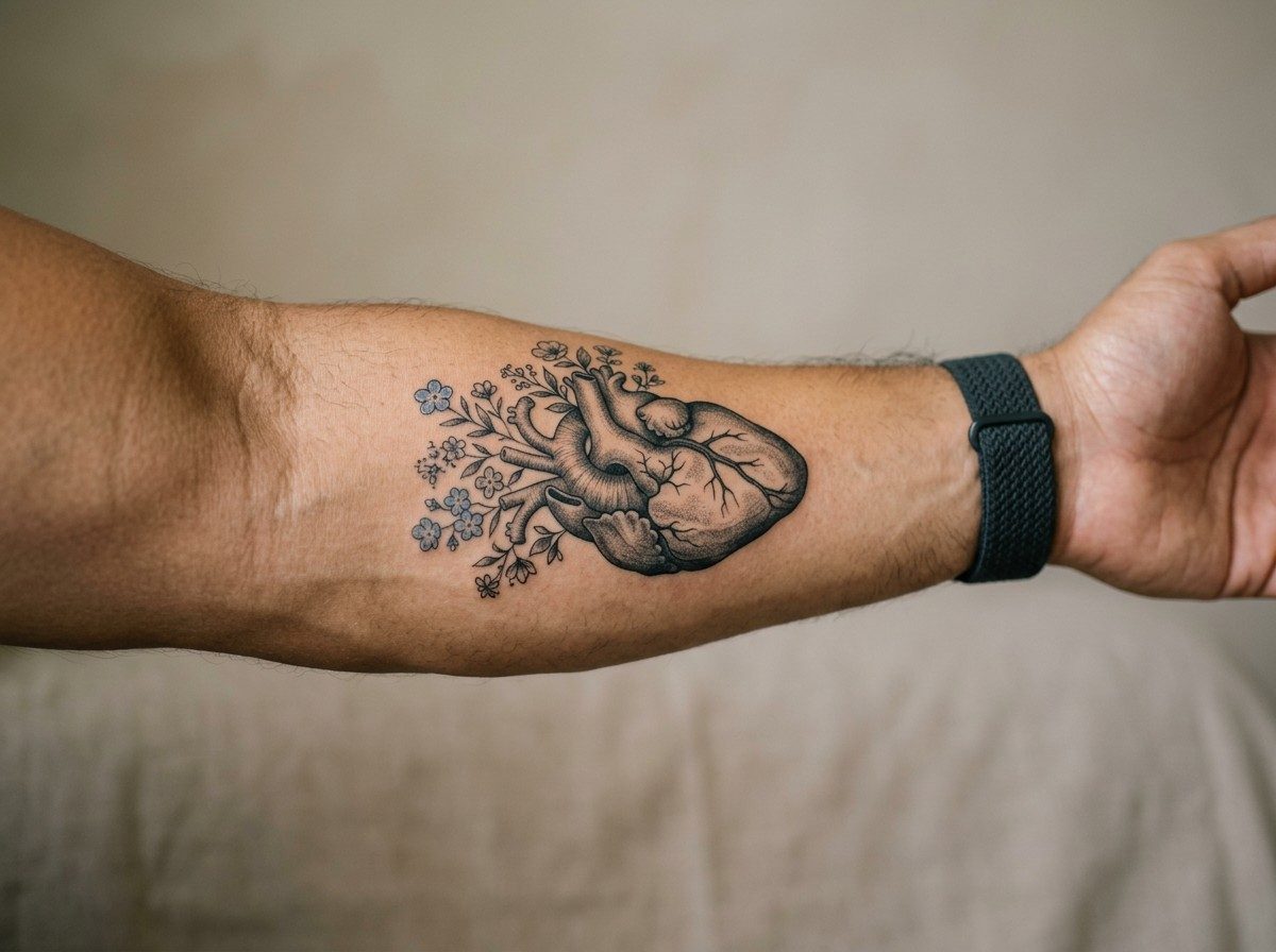 Heart tattoo: anatomical heart with flowers on the forearm