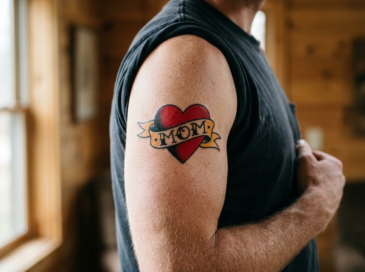 Heart tattoo: mom heart with banner on the upper arm