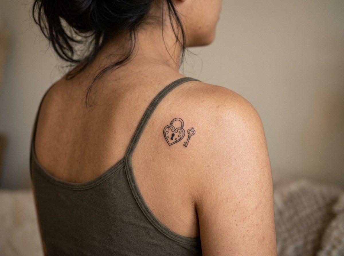 Heart tattoo: heart lock and key on the shoulder