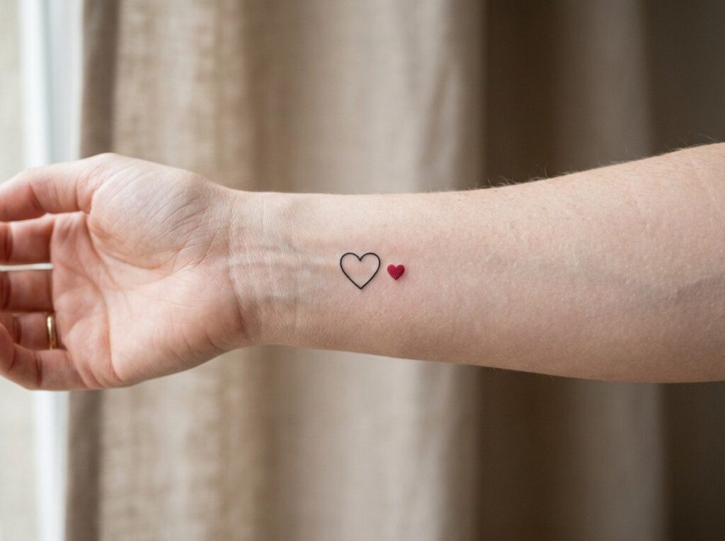 Heart tattoo: small fine line heart on the inner forearm