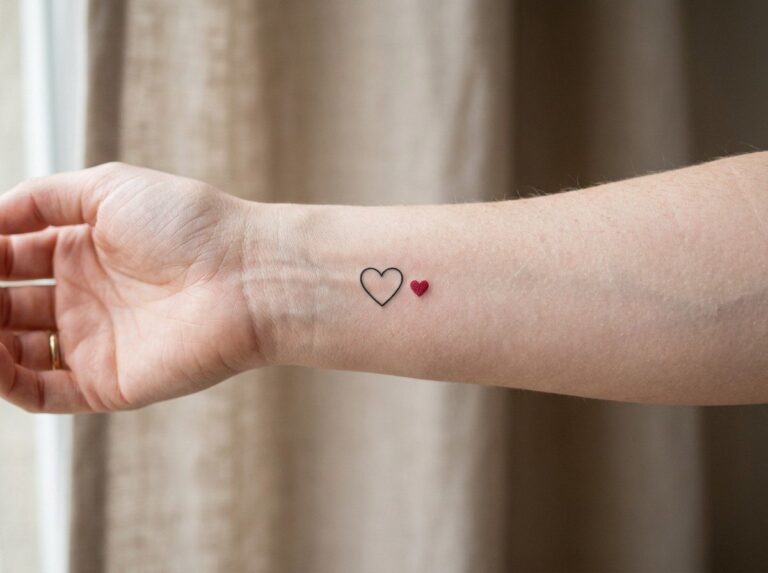 Heart tattoo: small fine line heart on the inner forearm