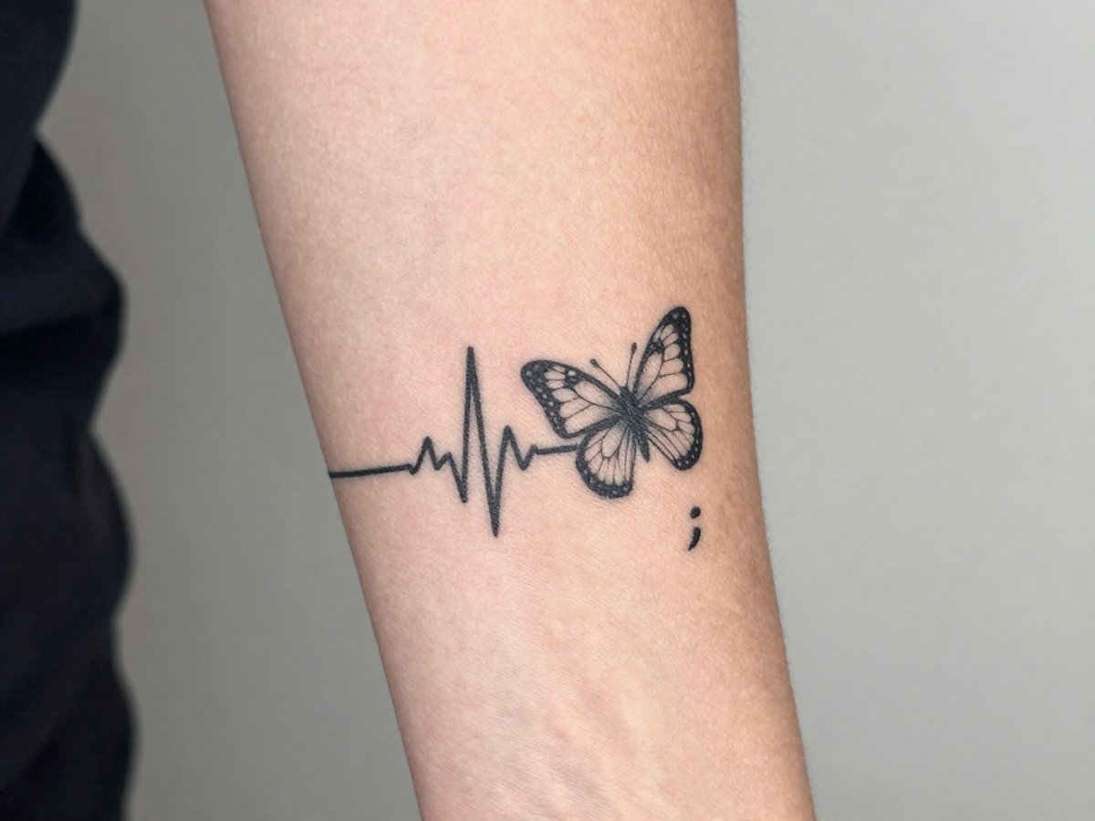 A heartbeat line rising into a semicolon butterfly on the inner forearm