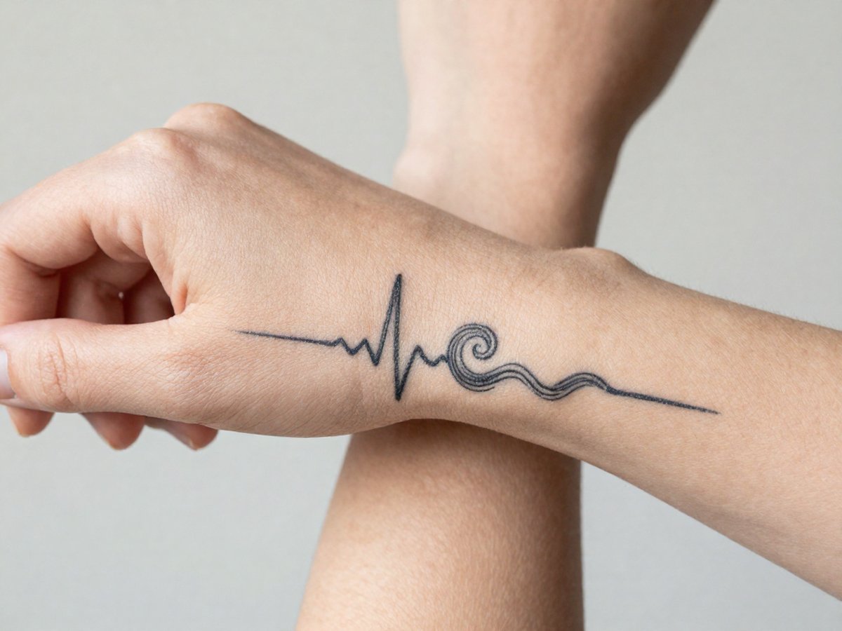 Heartbeat line that turns into a curling wave tattoo on the outer wrist
