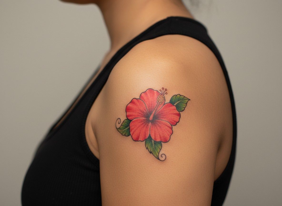 Hibiscus flower tattoo: red hibiscus on the shoulder