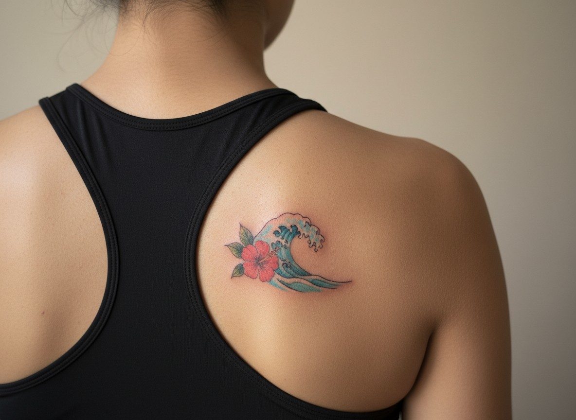 Hibiscus flower tattoo: hibiscus and wave on the shoulder blade