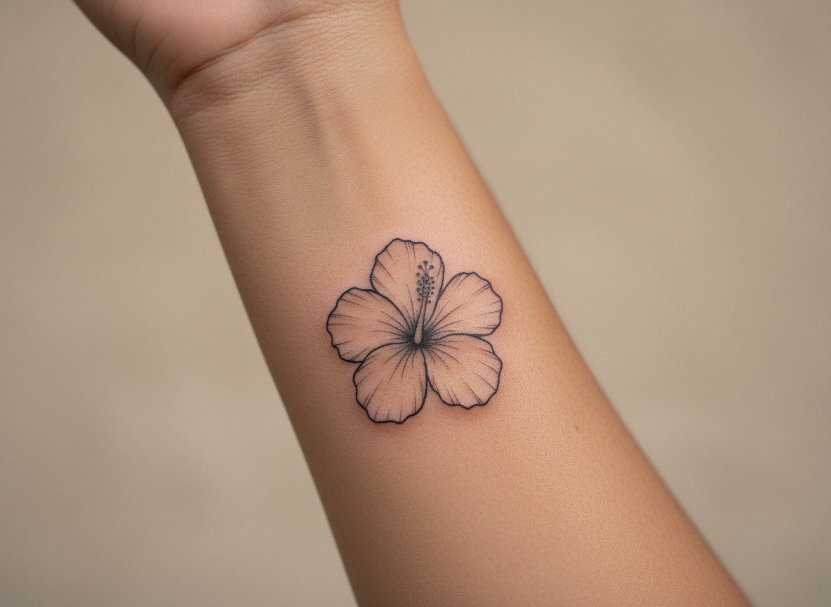 Hibiscus flower tattoo: fine line hibiscus on the inner forearm
