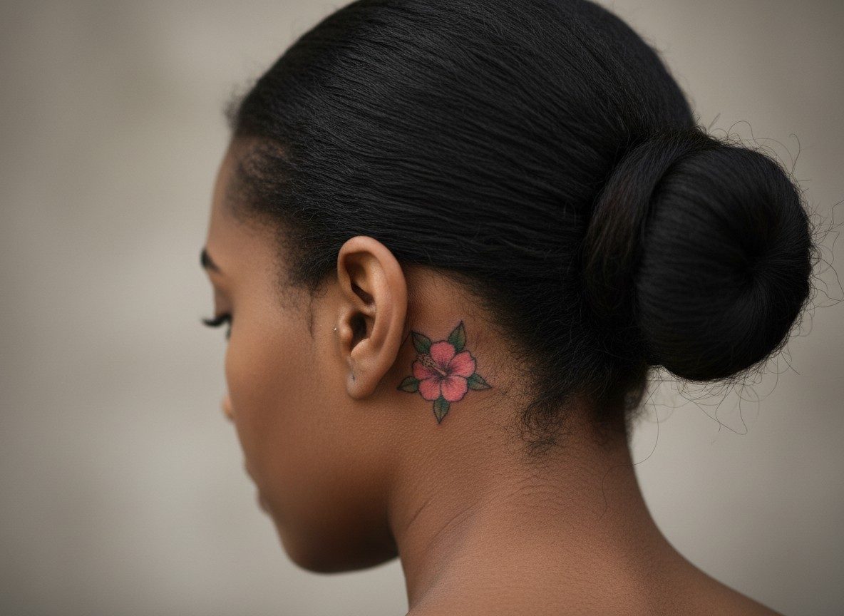 Hibiscus flower tattoo: hibiscus behind the ear