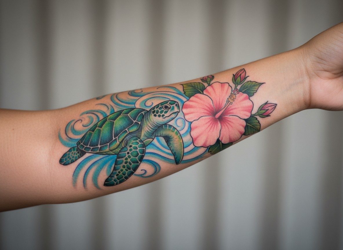 Hibiscus flower tattoo: hibiscus and sea turtle on the outer forearm