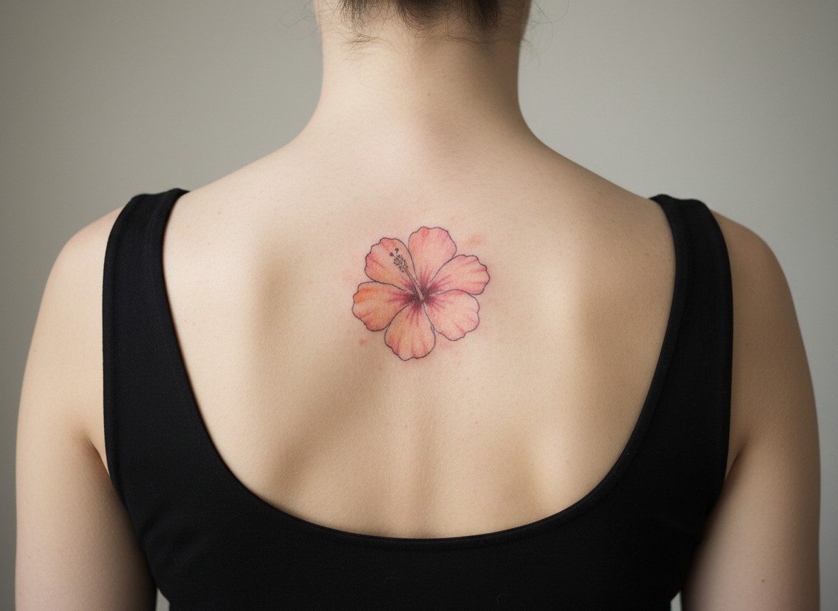 Hibiscus flower tattoo: watercolor hibiscus on the upper back