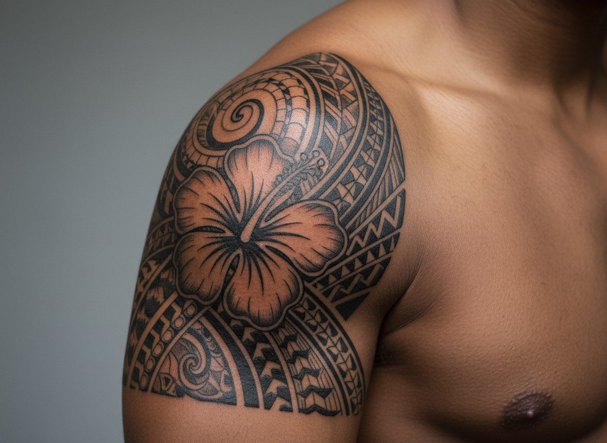 Hibiscus flower tattoo: polynesian hibiscus on the upper arm