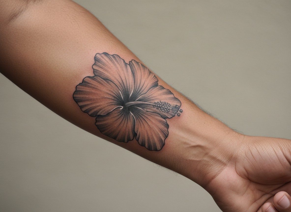 Hibiscus flower tattoo: black and grey hibiscus on the forearm