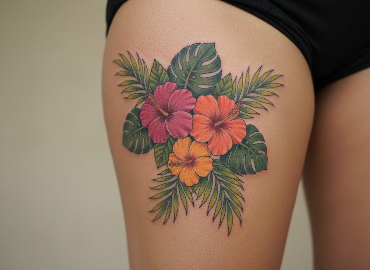 Hibiscus flower tattoo: hibiscus bouquet on the outer thigh