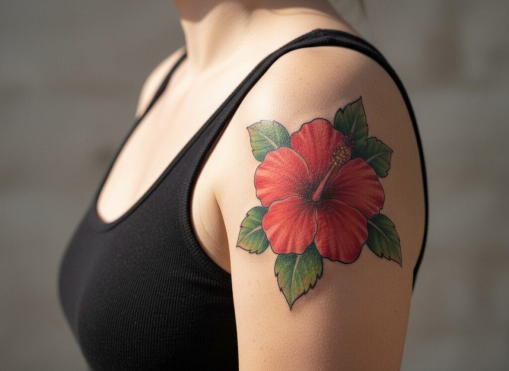 Hibiscus flower tattoo: red hibiscus on the shoulder