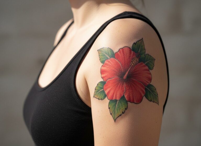 Hibiscus flower tattoo: red hibiscus on the shoulder