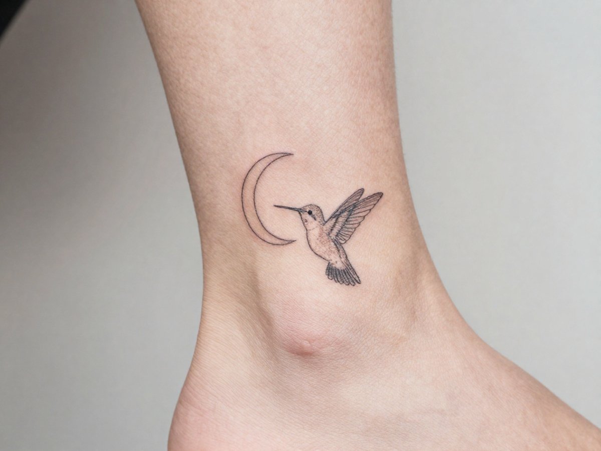 Small fine line hummingbird beside a crescent moon tattoo on the ankle