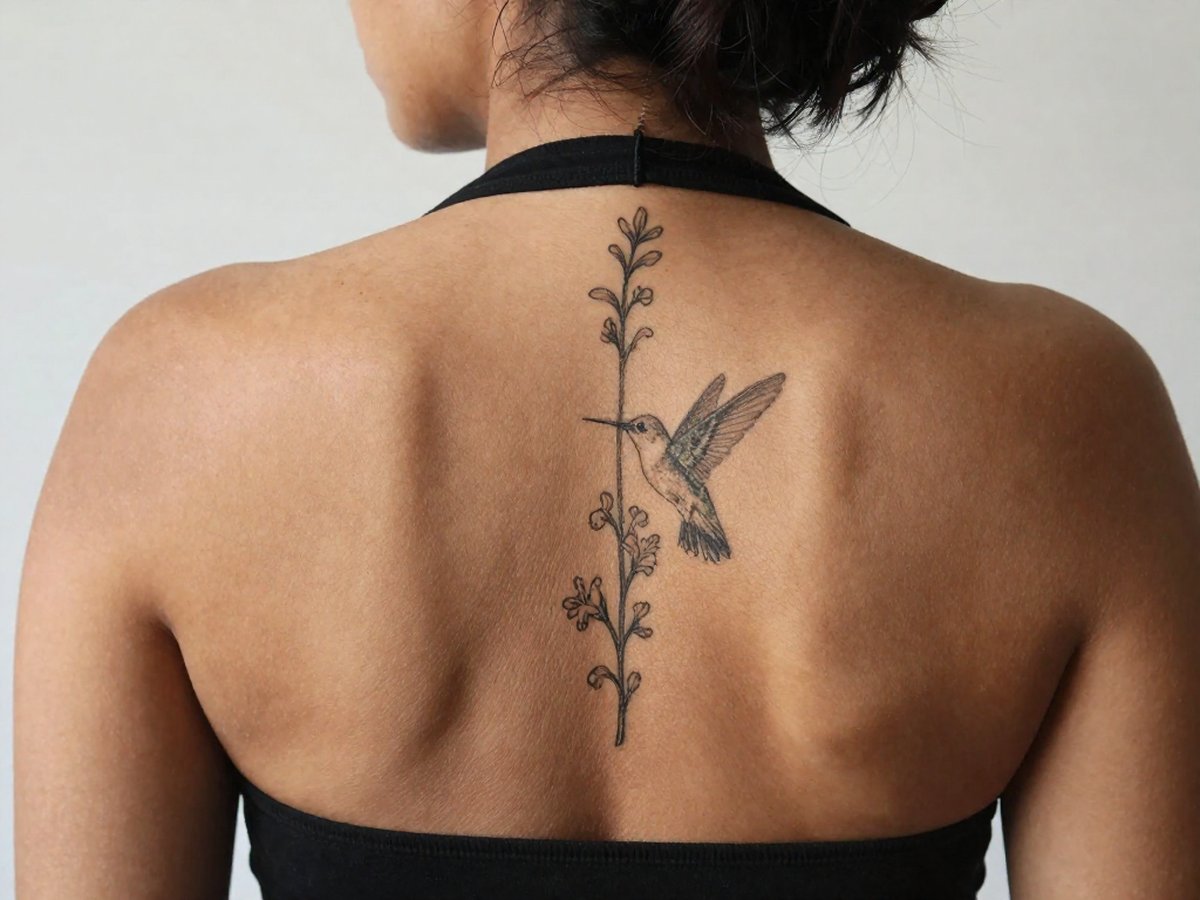Hummingbird with a long flowing honeysuckle vine tattoo on the spine