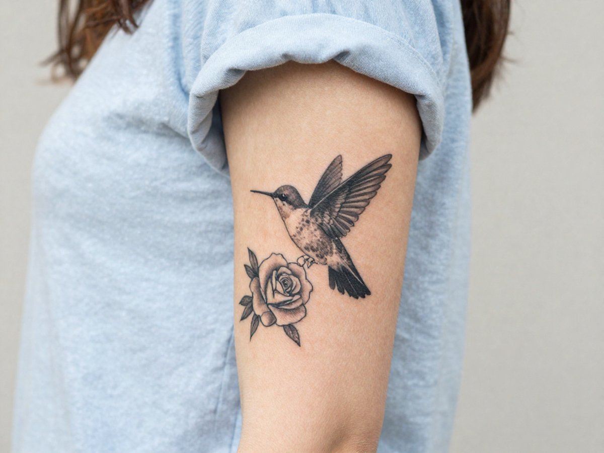 Black and grey hummingbird hovering over a rose tattoo on the upper arm