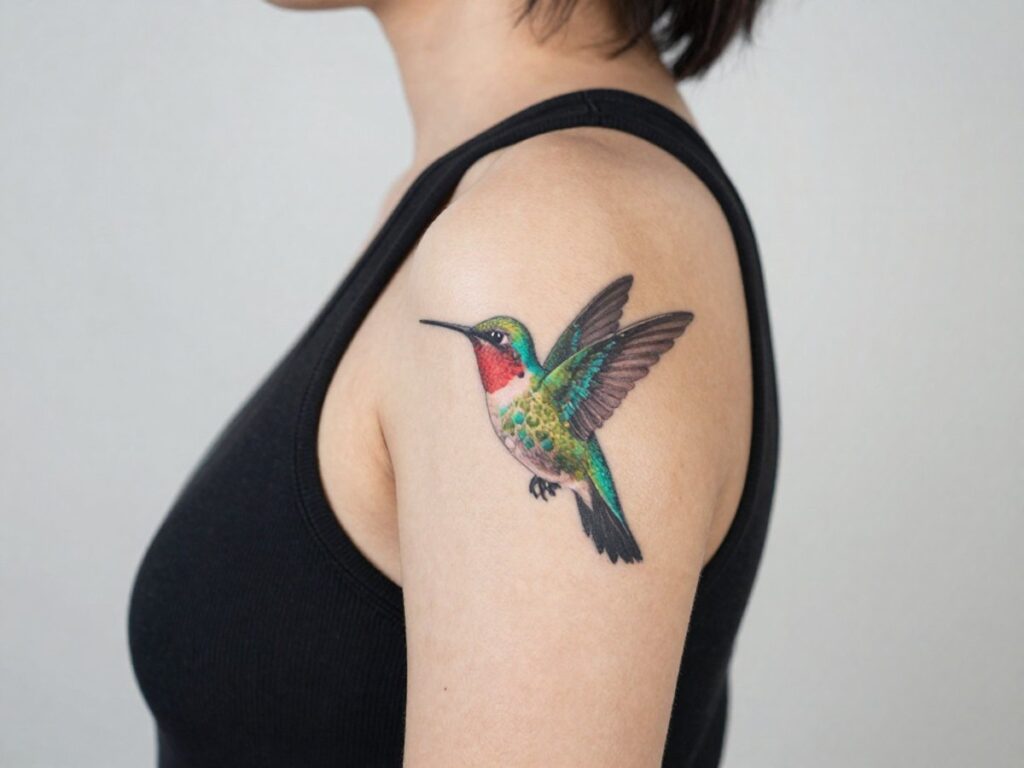 Hummingbird tattoo meaning: colorful hummingbird tattoo on the shoulder