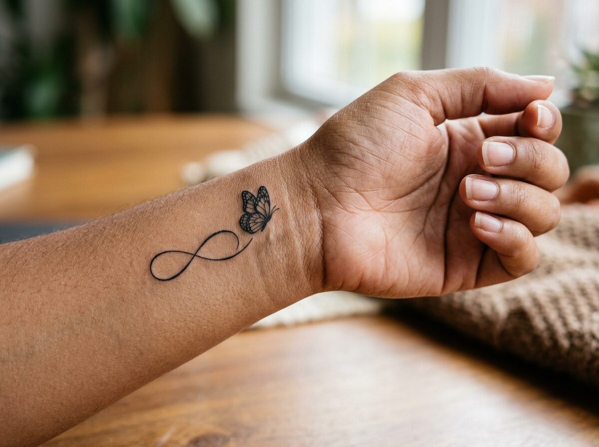 Infinity butterfly wrist tattoo