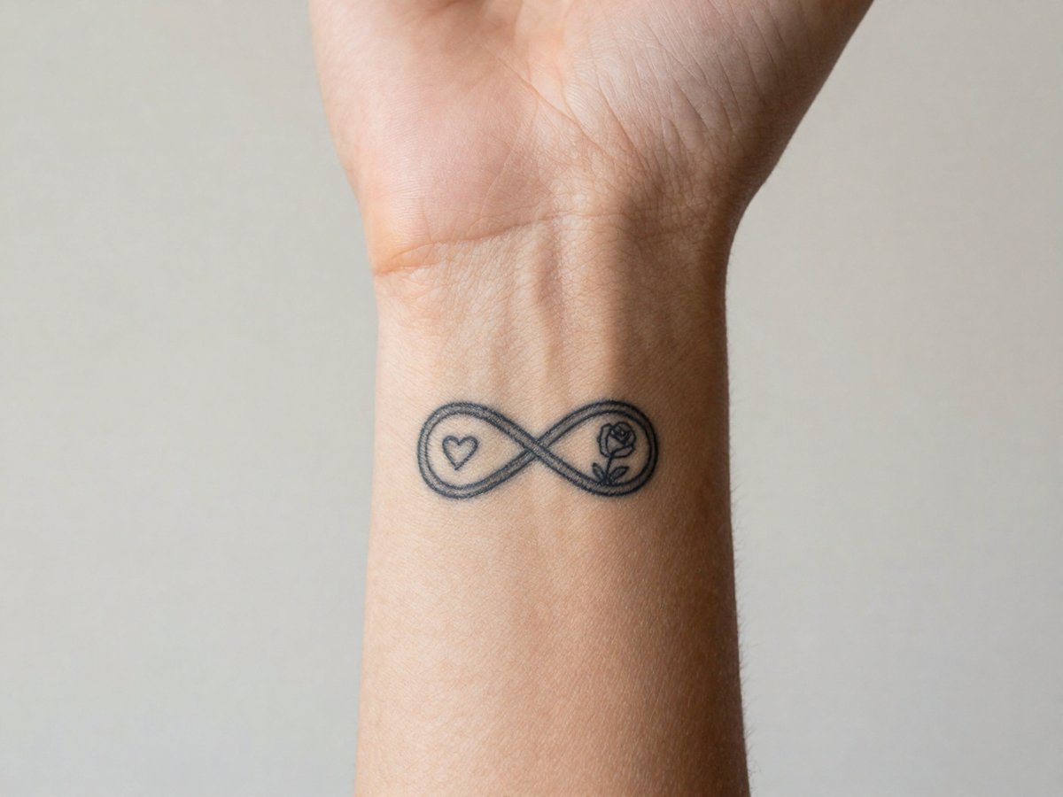 Infinity sign with a small heart and a tiny rose tattoo on the inner wrist