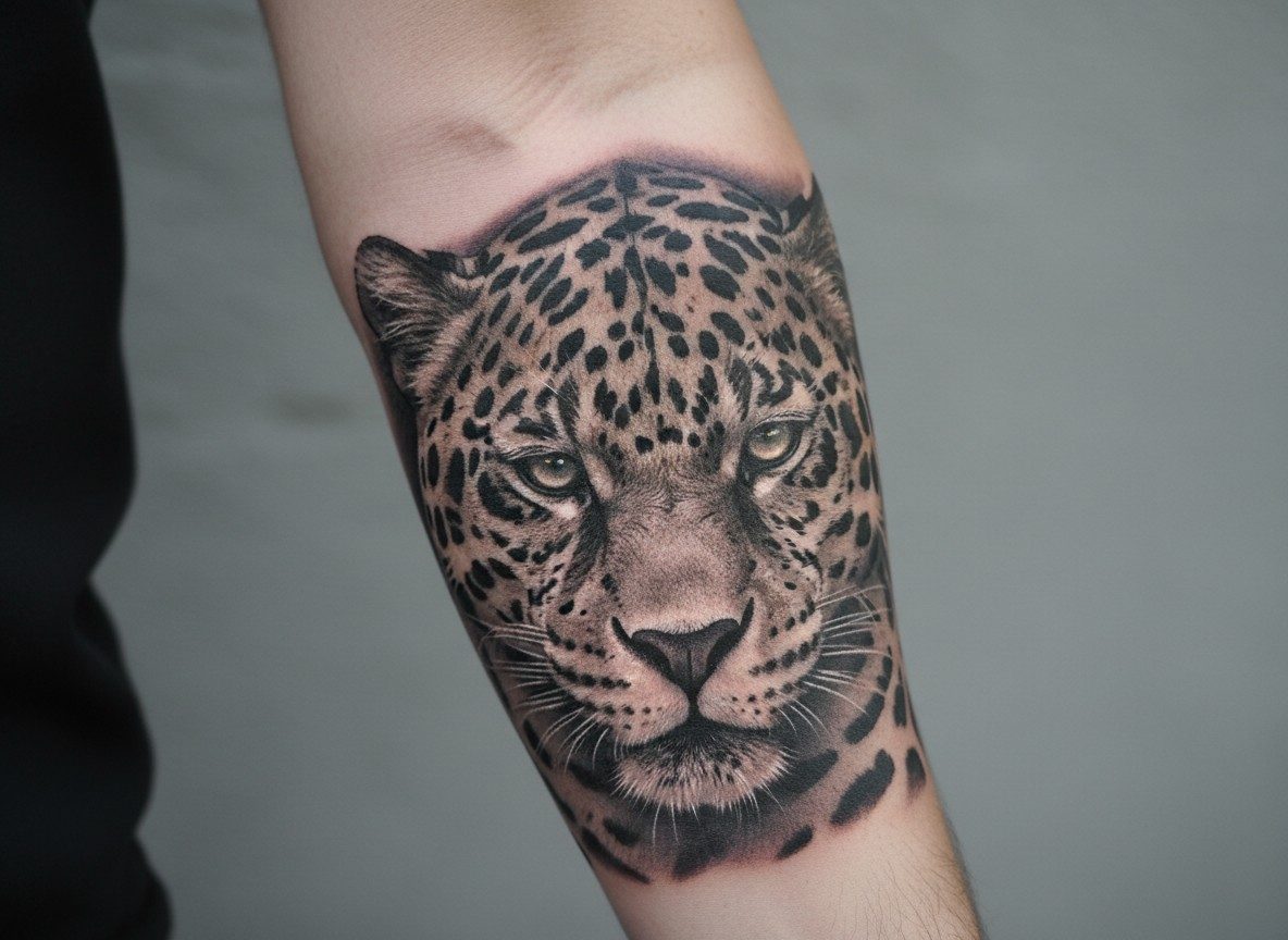 Jaguar tattoo: realistic jaguar face on the forearm