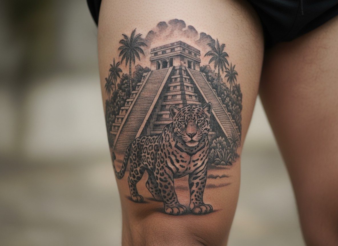 Jaguar tattoo: jaguar and mayan pyramid on the thigh