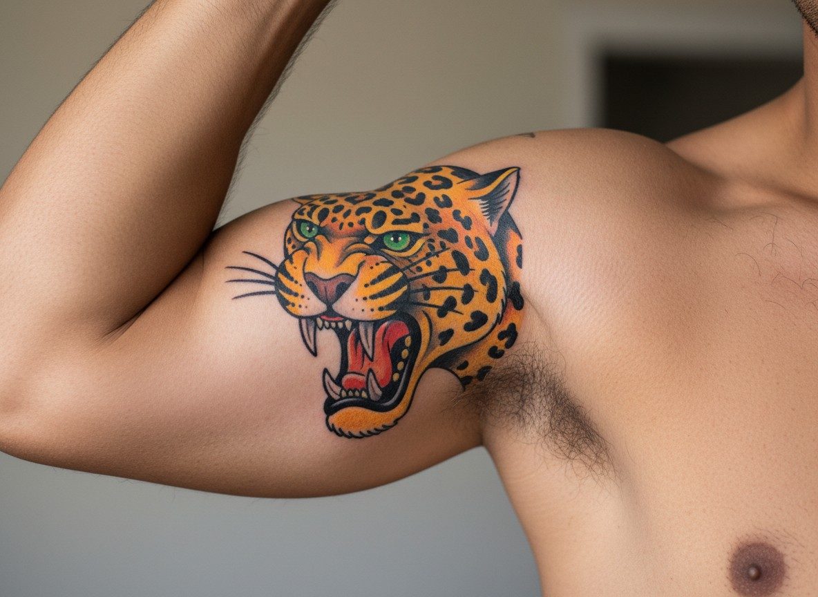Jaguar tattoo: american traditional jaguar on the upper arm