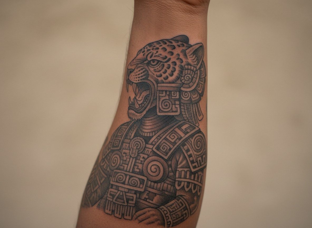 Jaguar tattoo: aztec jaguar warrior on the outer forearm