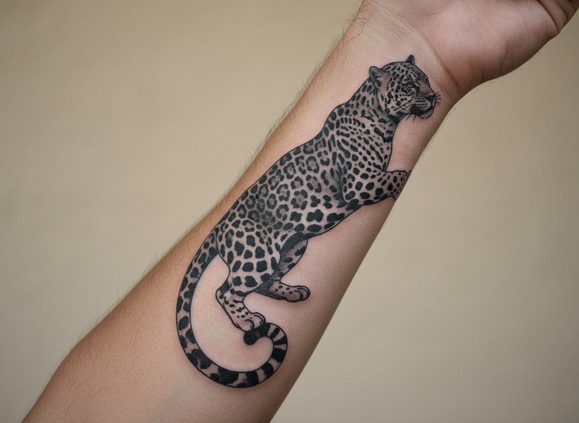 Jaguar tattoo: climbing jaguar on the forearm