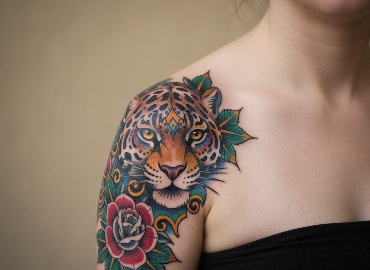 Jaguar tattoo: neo traditional jaguar with flowers on the shoulder