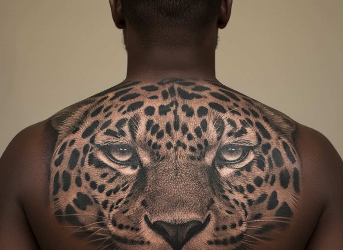 Jaguar tattoo: jaguar eyes on the upper back