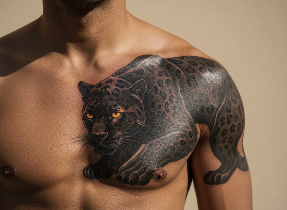 Jaguar tattoo: black jaguar panther on the chest