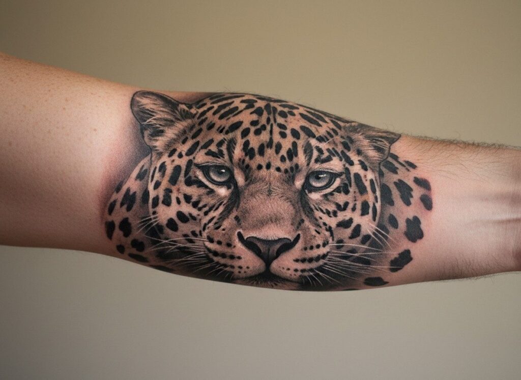 Jaguar tattoo: realistic jaguar face on the forearm