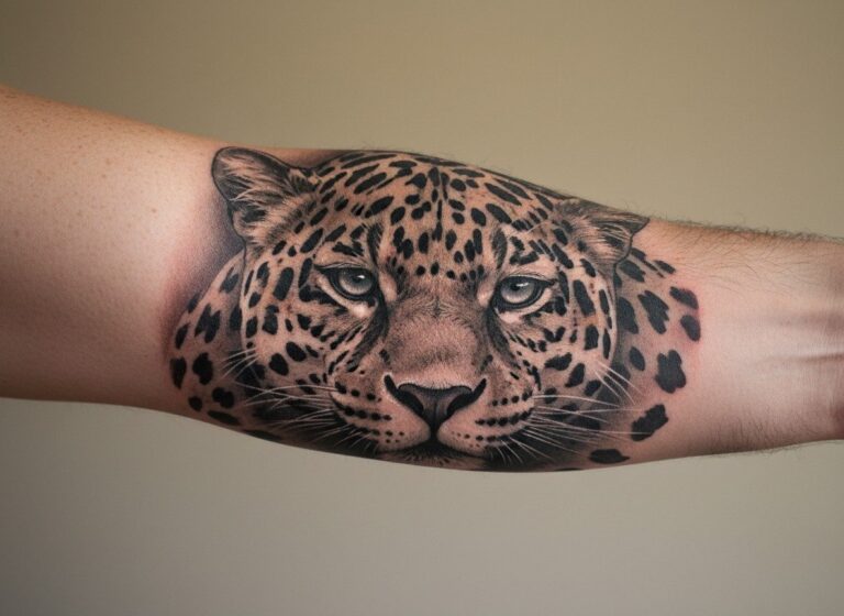Jaguar tattoo: realistic jaguar face on the forearm