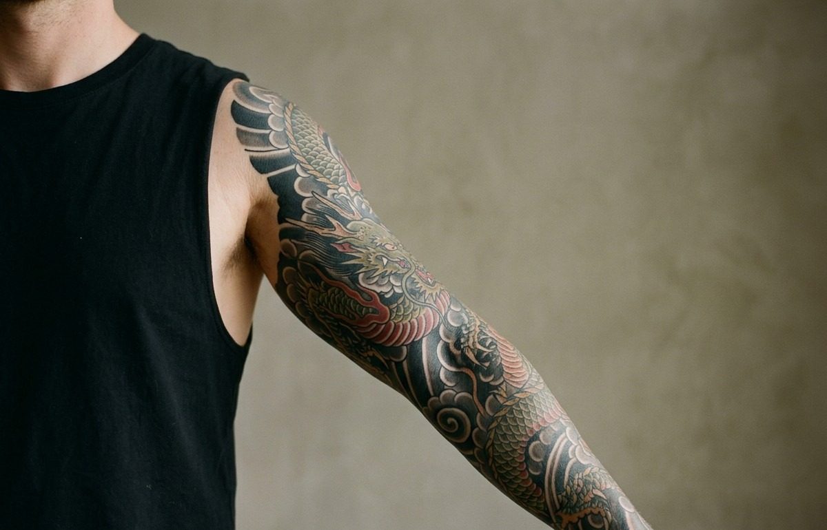 Japanese dragon tattoo: traditional japanese dragon sleeve on the full arm sleeve from shoulder to wrist