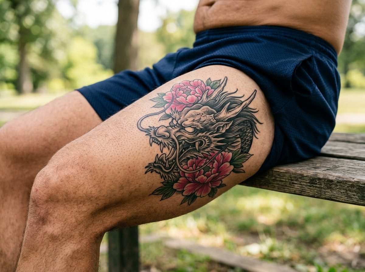 Japanese dragon tattoo: dragon head with peonies on the thigh