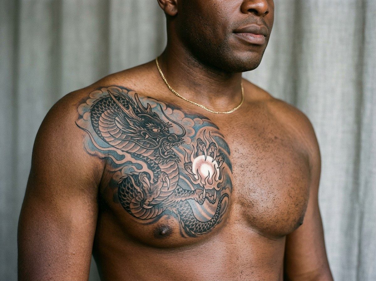 Japanese dragon tattoo: dragon chasing the pearl on the chest