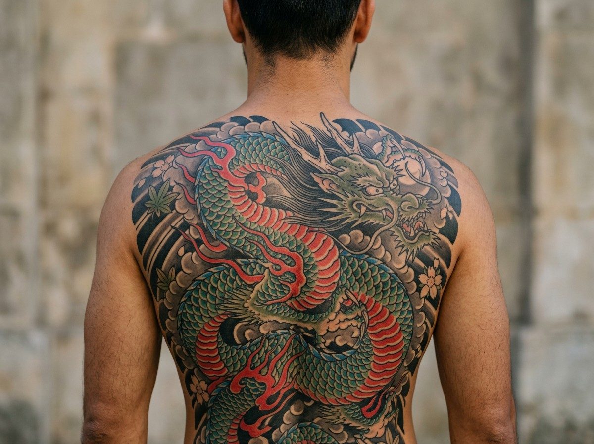 Japanese dragon tattoo: japanese dragon back piece on the upper back