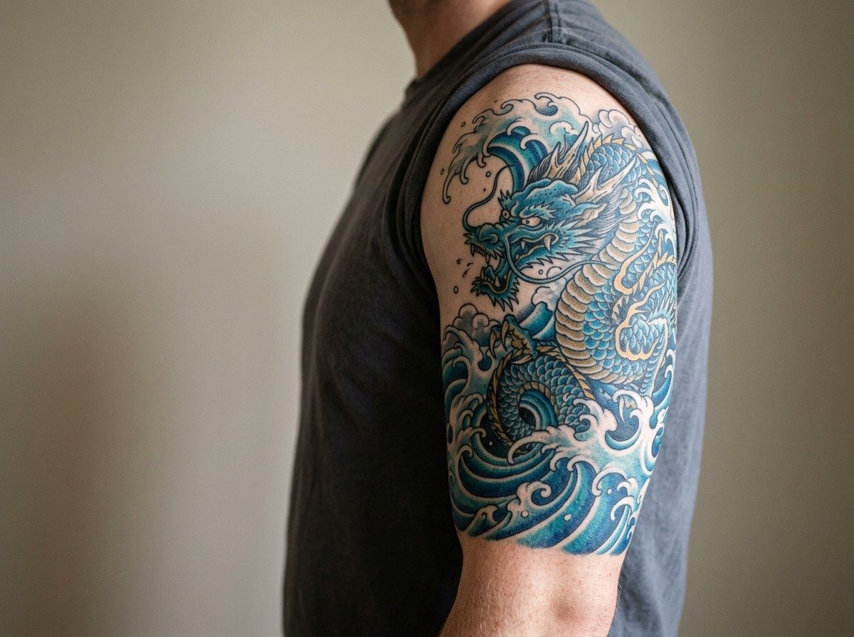 Japanese dragon tattoo: water dragon with waves on the upper arm
