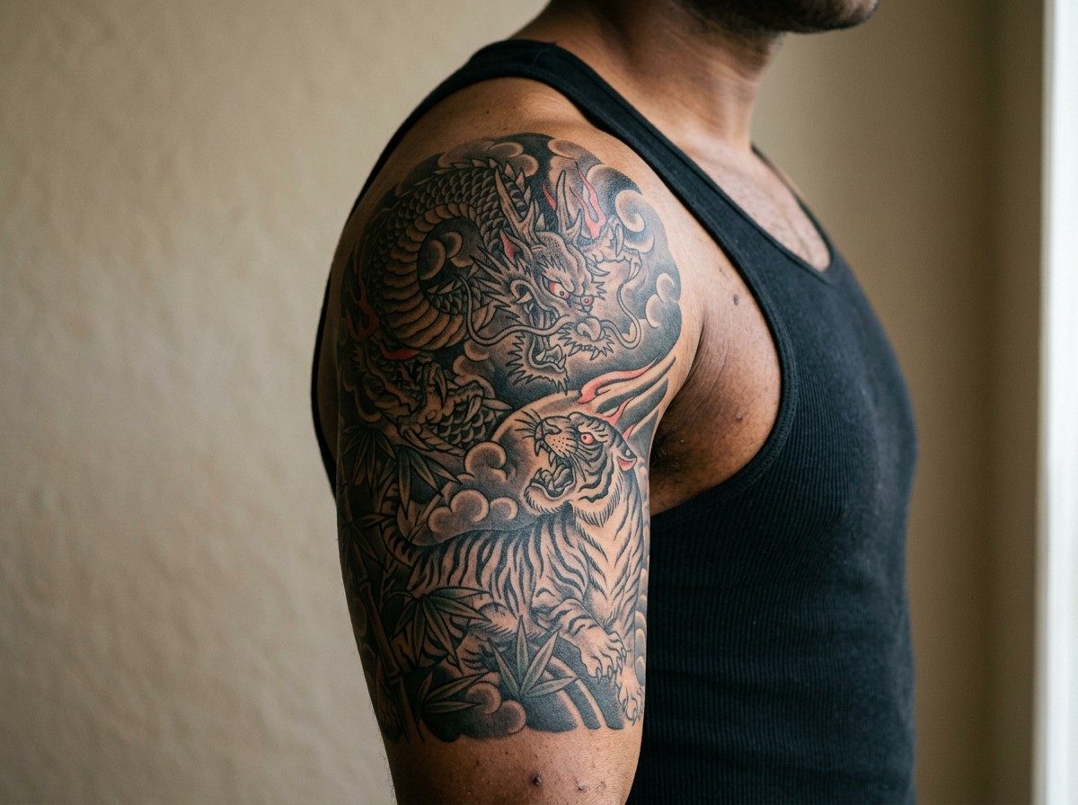 Japanese dragon tattoo: dragon and tiger on the shoulder and upper arm