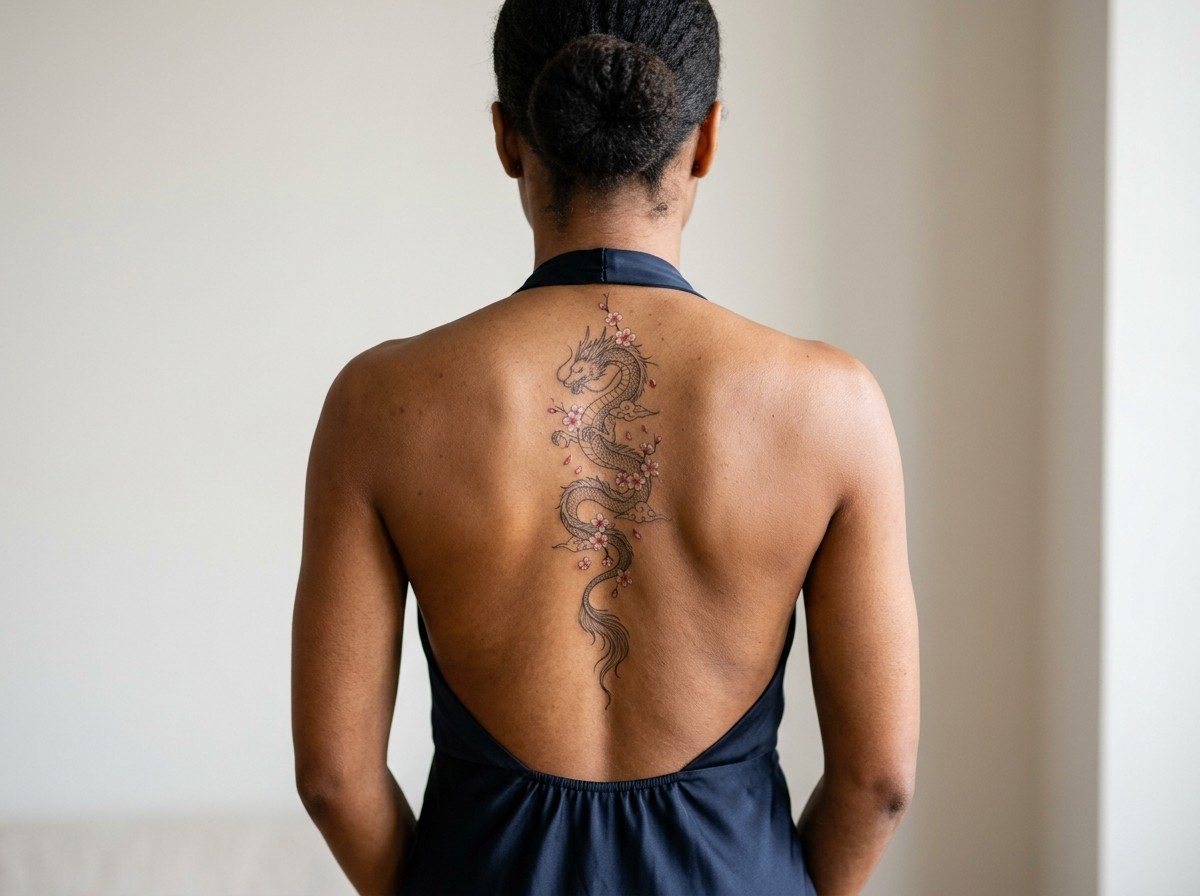 Japanese dragon tattoo: feminine japanese dragon on the spine
