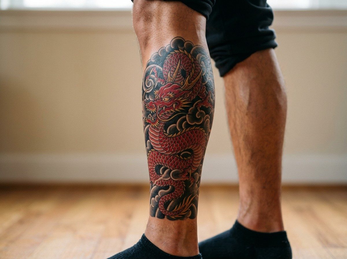 Japanese dragon tattoo: red japanese dragon on the calf