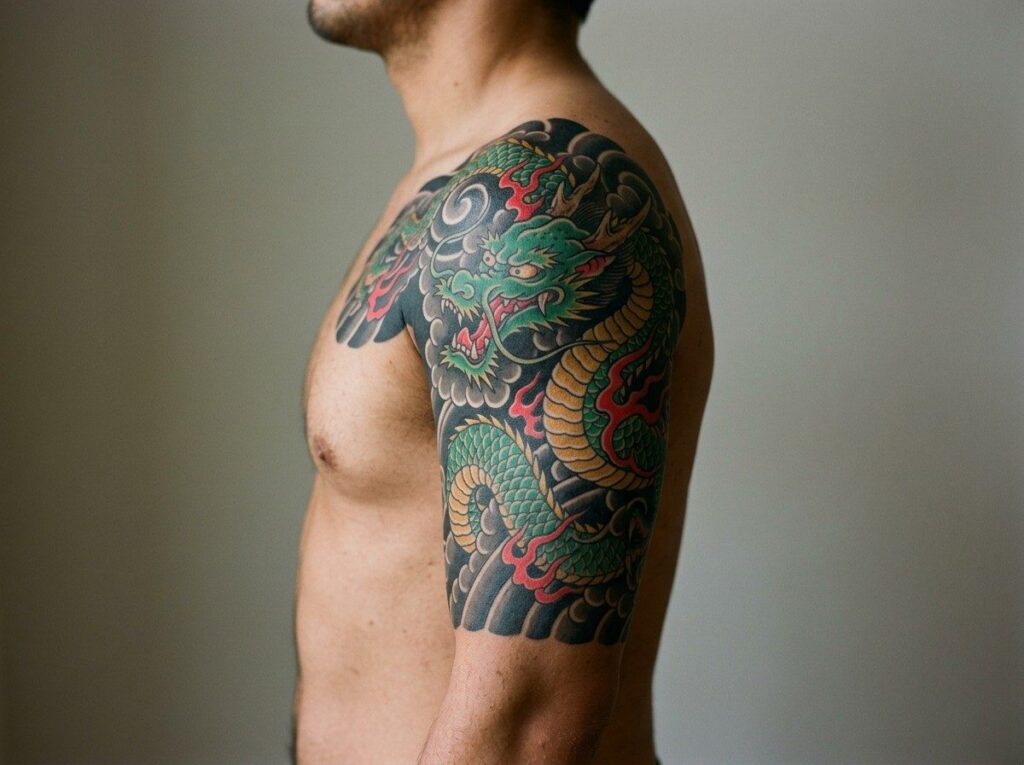 Japanese dragon tattoo: green ryu with clouds wrapping the upper arm and shoulder