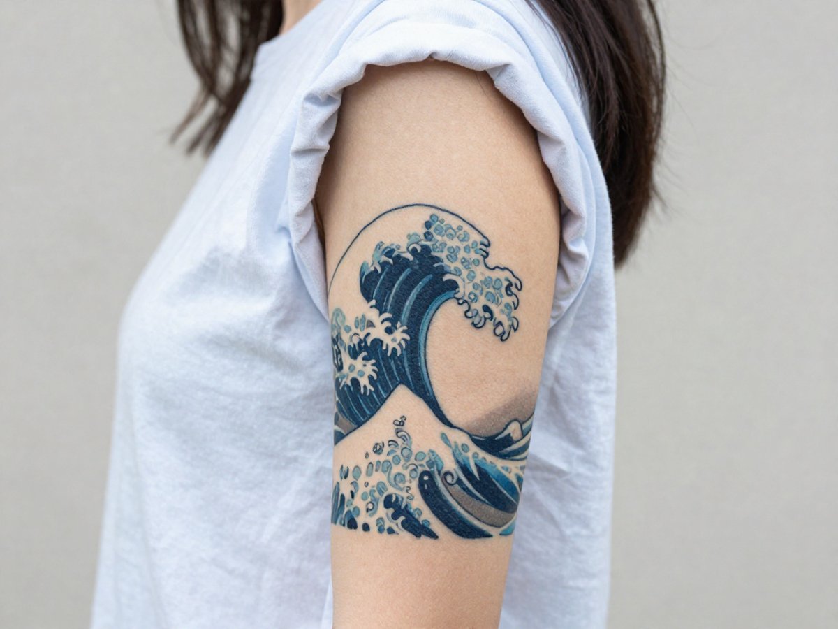 Wave tattoo meaning: Japanese style great wave with claw like foam in deep blue tattoo on the upper arm