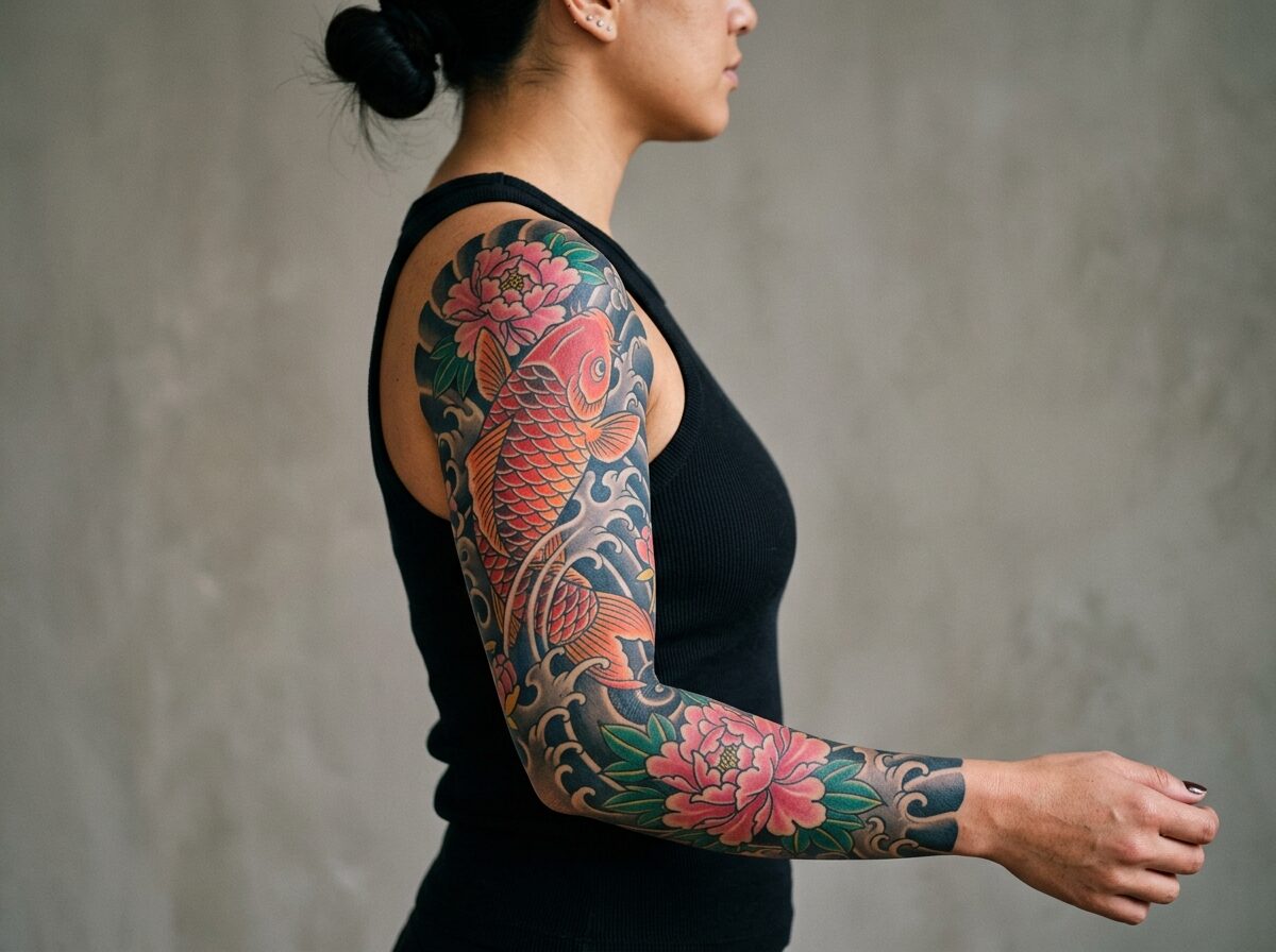 Japanese koi and peony full sleeve tattoo for women
