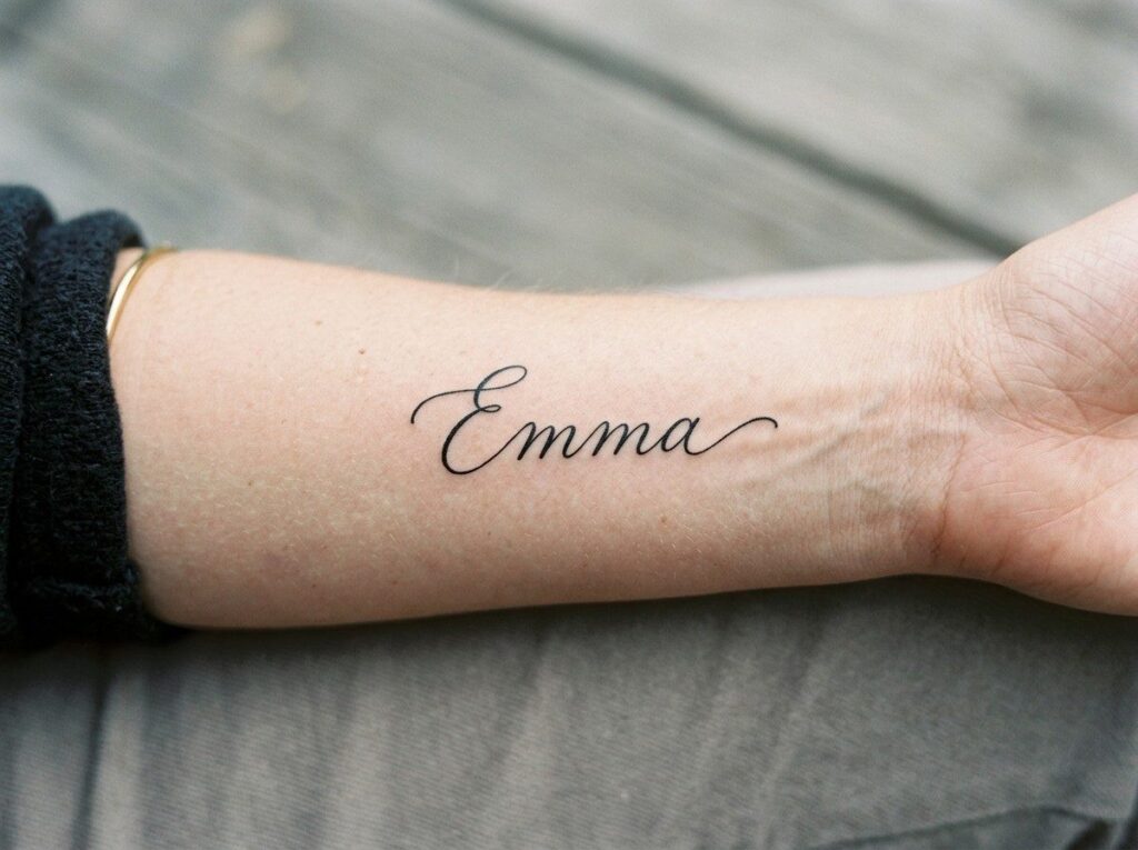 Kids name tattoo ideas: script name on the inner forearm