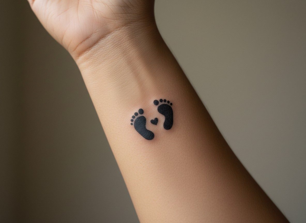 Kids name tattoo ideas: baby footprints on the inner forearm