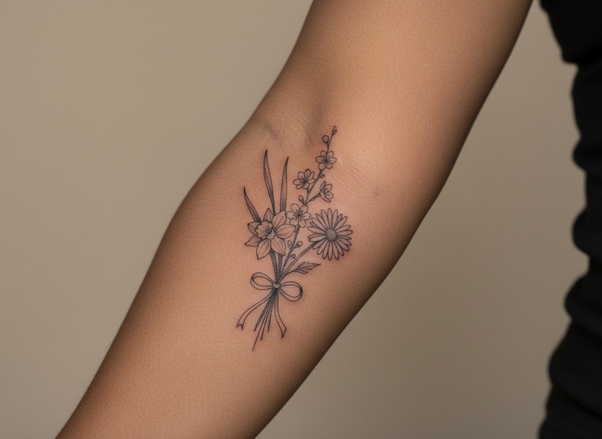 Kids name tattoo ideas: birth flowers for each child on the outer forearm