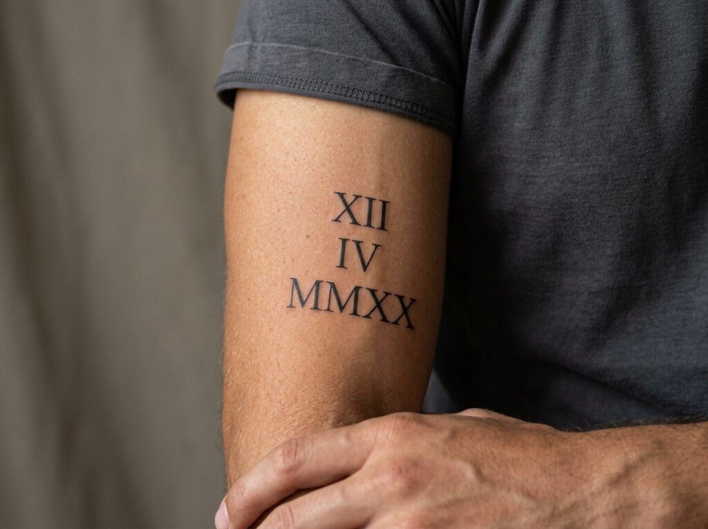 Kids name tattoo ideas: roman numeral birth date on the upper arm